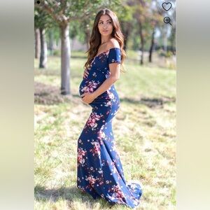 Navy Floral Off Shoulder Wrap Maternity Photoshoot Gown/Dress
